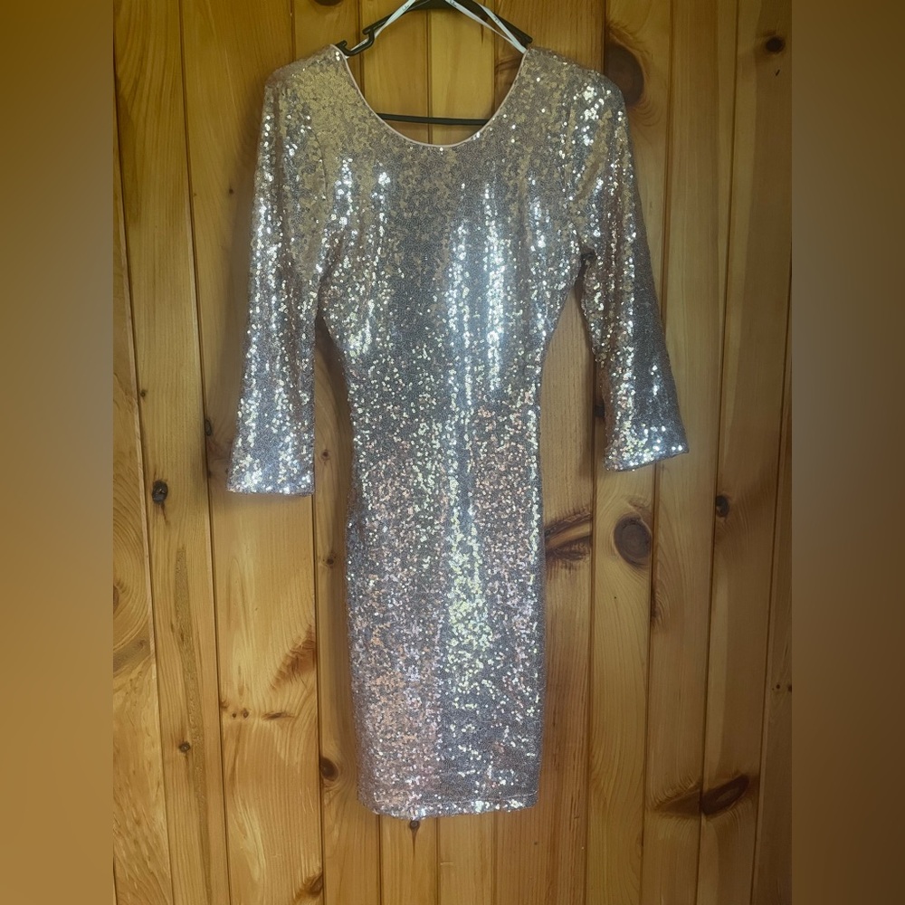 Lulu’s Champagne Sequin Quarter Sleeve Dress